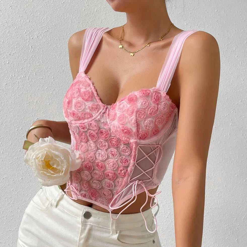 Pink Floral Crop Top Lace Up Sexy Corset Top Summer Romantic Backless Tank Tops Vest Women's Vest Cropped Cami Top Festival Tank PK
