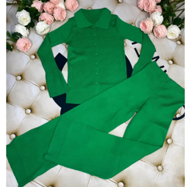 2024 Fashion Slim Knit Pants Set Lapel Flare Long Sleeve Single Breasted Cardigan Sweater & Trousers Two-Piece Set green
