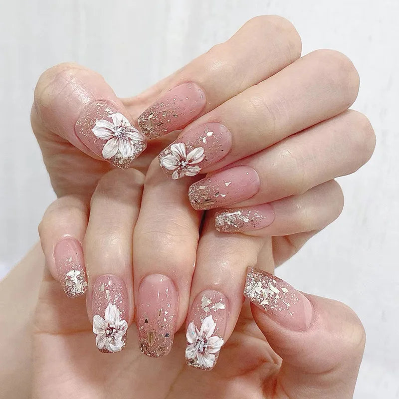 24pcs/set short square fake nails flowers leaf design for summer halloween faux ongles nail tips press on acrylic false nail art 1481