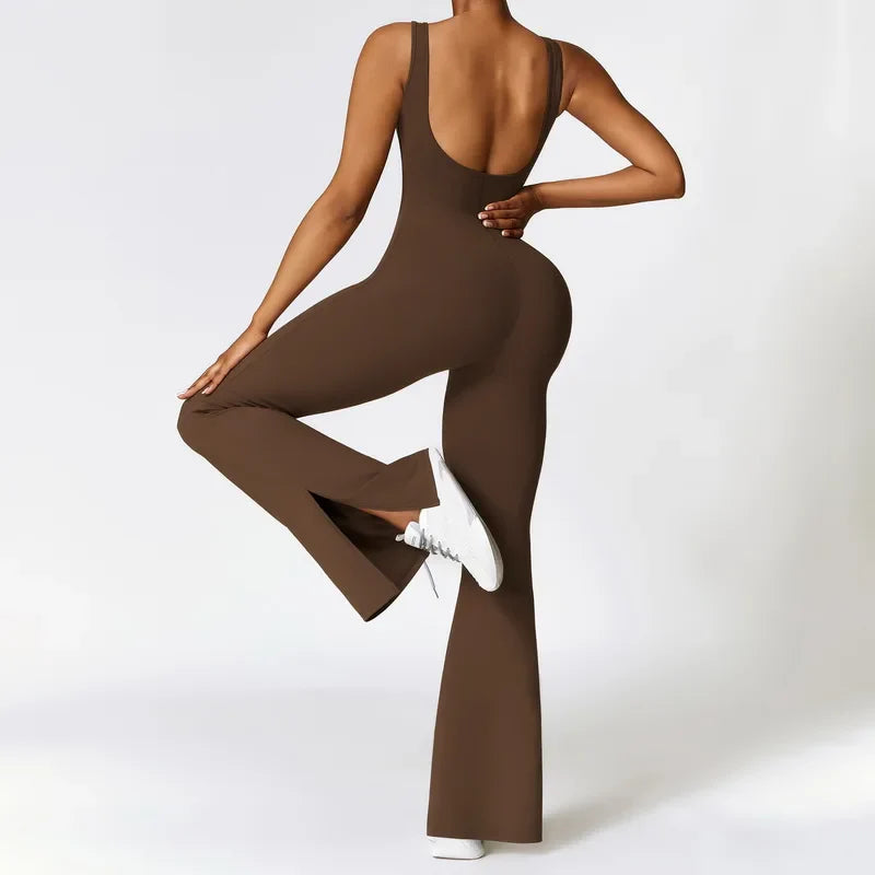 Woman Gym Outfits Fashion Seamless Sporty Jumpsuit With Flare Pants One Piece Yoga Dance Jumpsuit Female Fitness Sport Overalls 1-Coffee