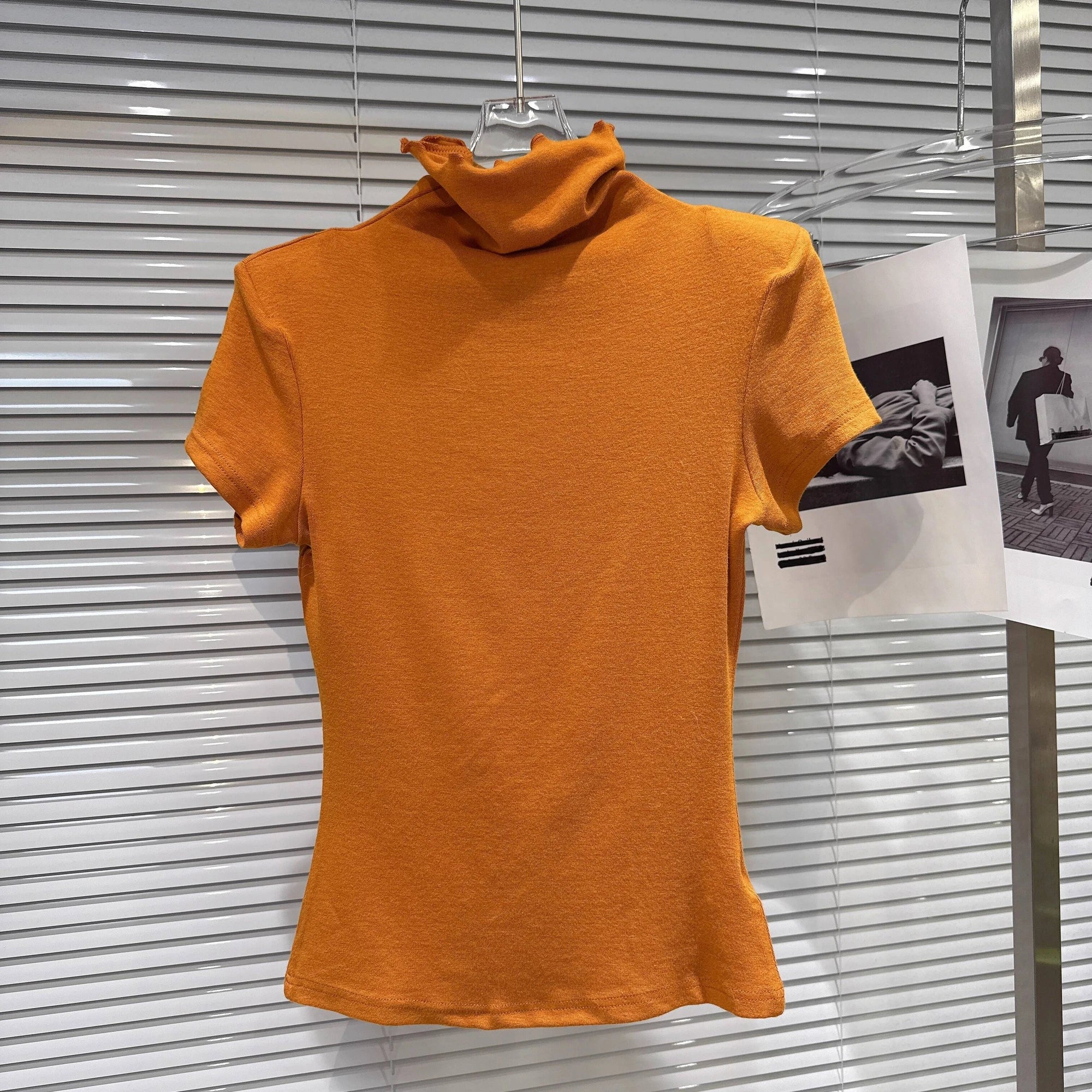 Winter New Fashion Solid Color Simple High Neck Shoulder Pad Short Sleeve T-shirt For Women Slim Fit Top 11A07774 Orange