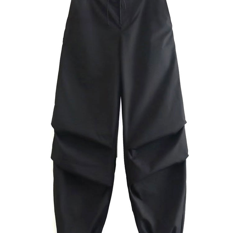 TRAF Women Fashion Side Pockets Pleats Knee Jogging Pants Vintage High Elastic Waist With Drawstring Female Trousers Mujer as picture