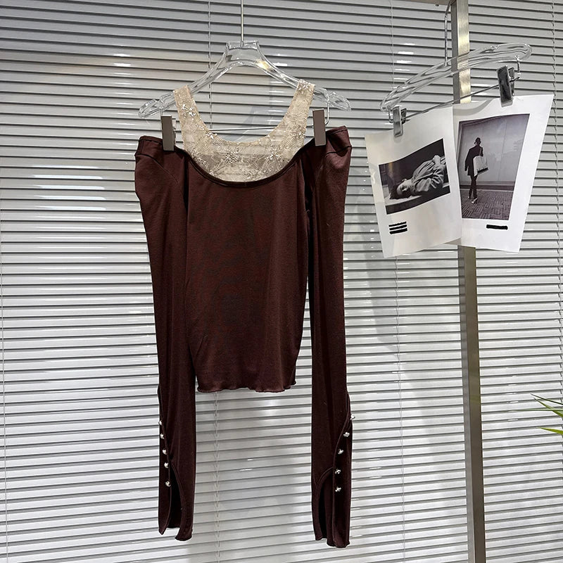 Winter New Sweet Fashion Embroidered Lace Collar Patchwork Design Stretch Long Sleeve T-shirt For Women 11A07863 Brown