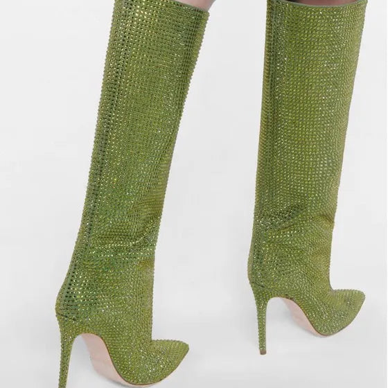 Rhinestone Women's High Boots Pointed Toe Slip-on Long Boots Women Boots High Heels Sexy Stiletto Ladies Party Shoes 2024 New green