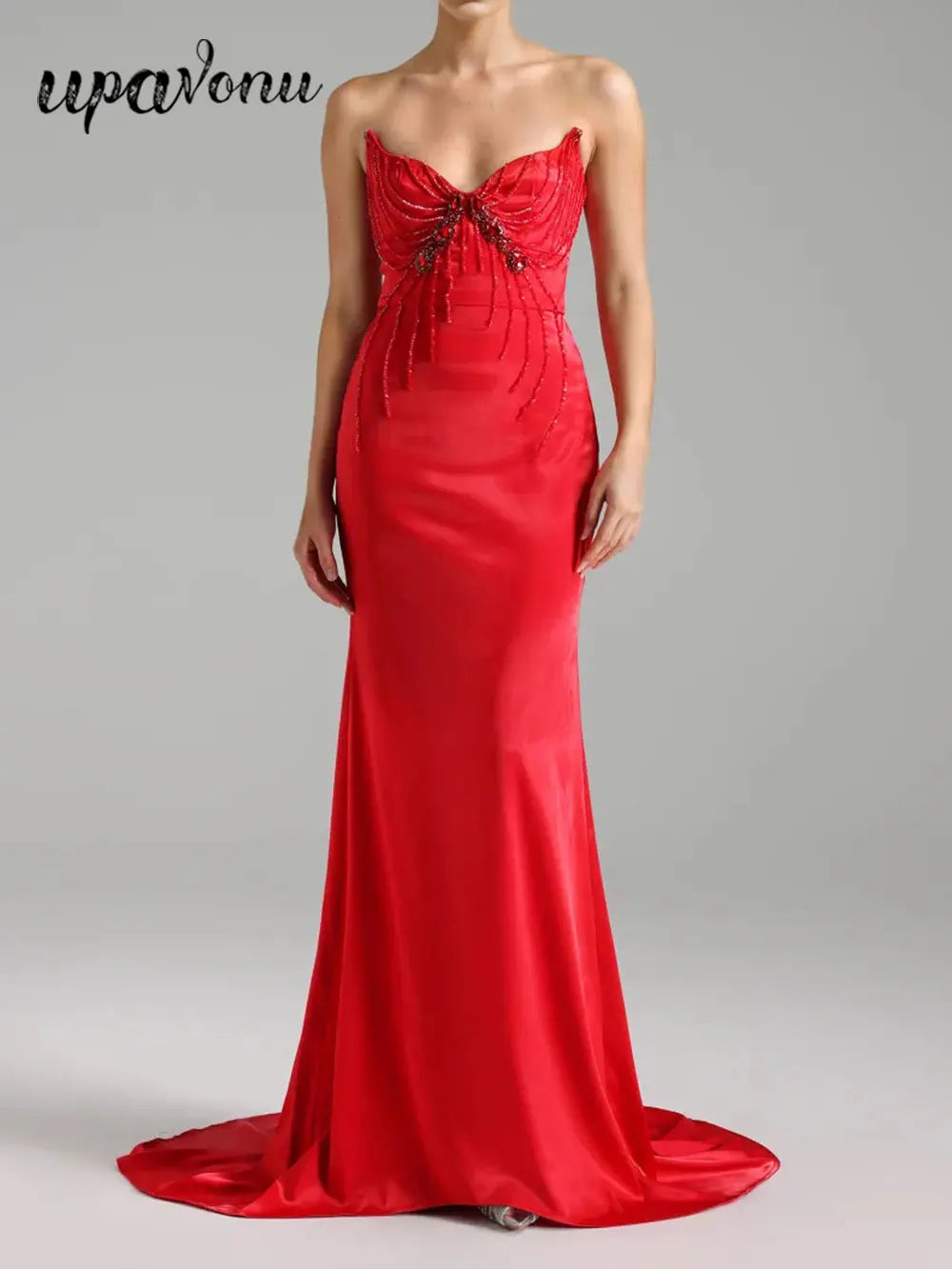 2025 Sexy Women'S Light Luxury Nail Bead Design Tailcoat And Floor Dress Strapless Sleeveless Bodycon Backless Marx Red Dresses