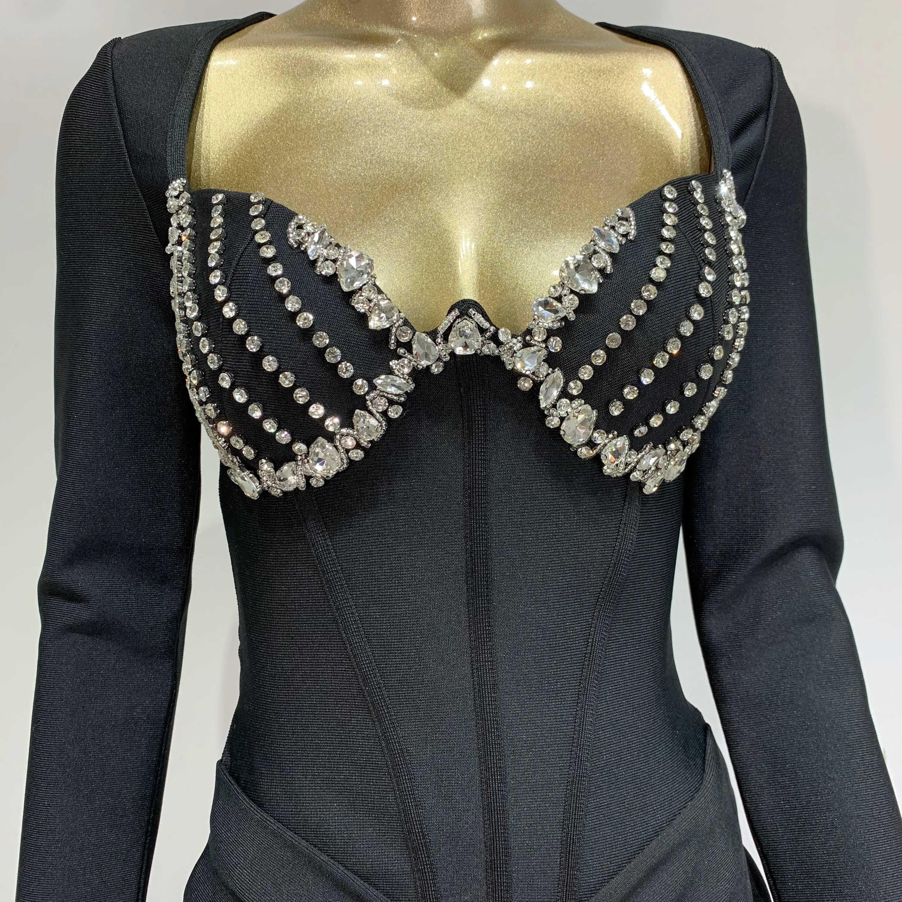 Women Celebrity Sexy Long Sleeve Beading Ruffles Black Maxi Long Bodycon Bandage Dress 2025 Elegant Evening Club Party Dress