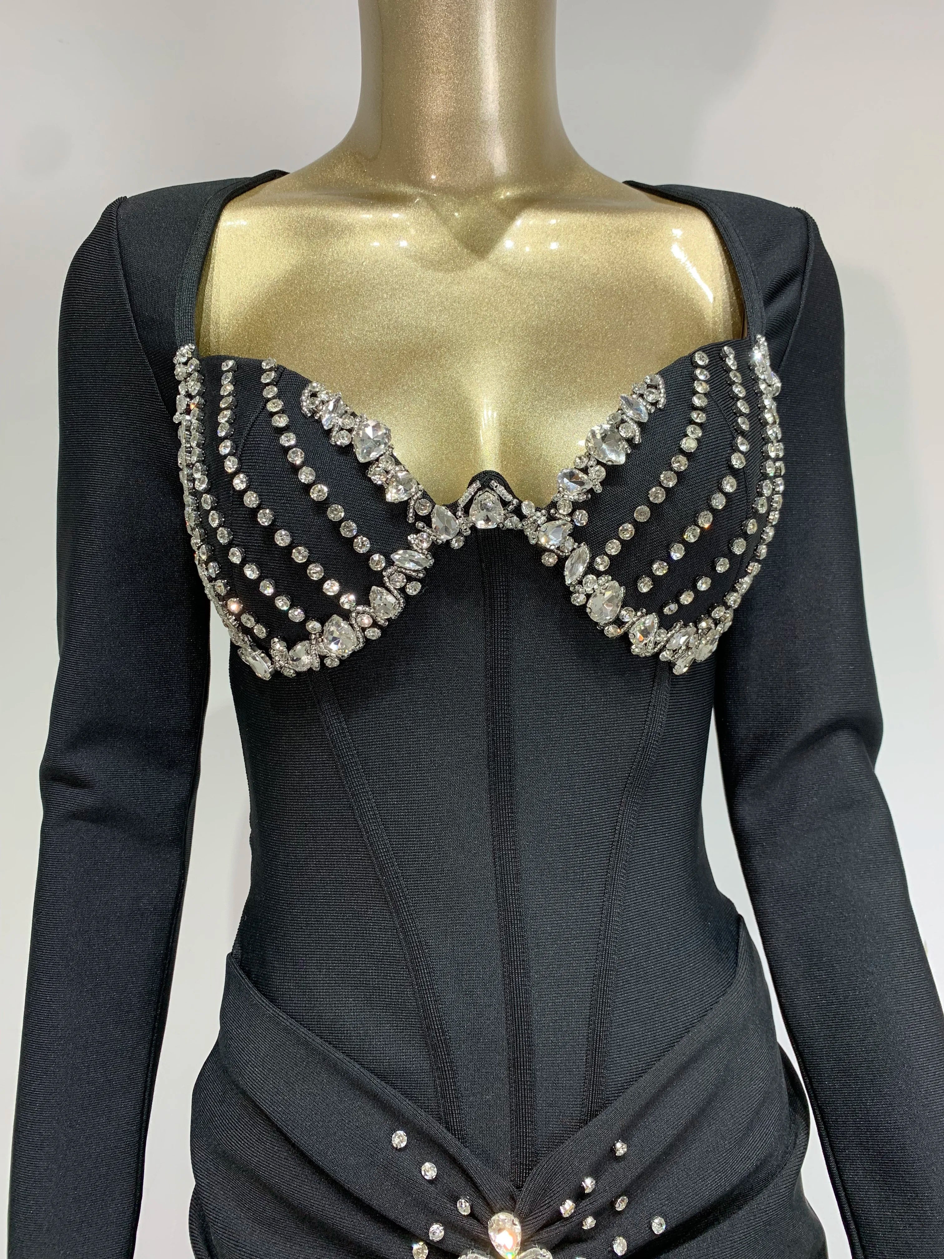 Women Celebrity Sexy Long Sleeve Beading Ruffles Black Maxi Long Bodycon Bandage Dress 2025 Elegant Evening Club Party Dress