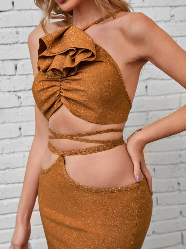 Women Sexy Backless Halter Sparkly Gold Ruffles Lacing Bandage Skirt Set Knitted Elegant Evening Cocktail Party Club Dress