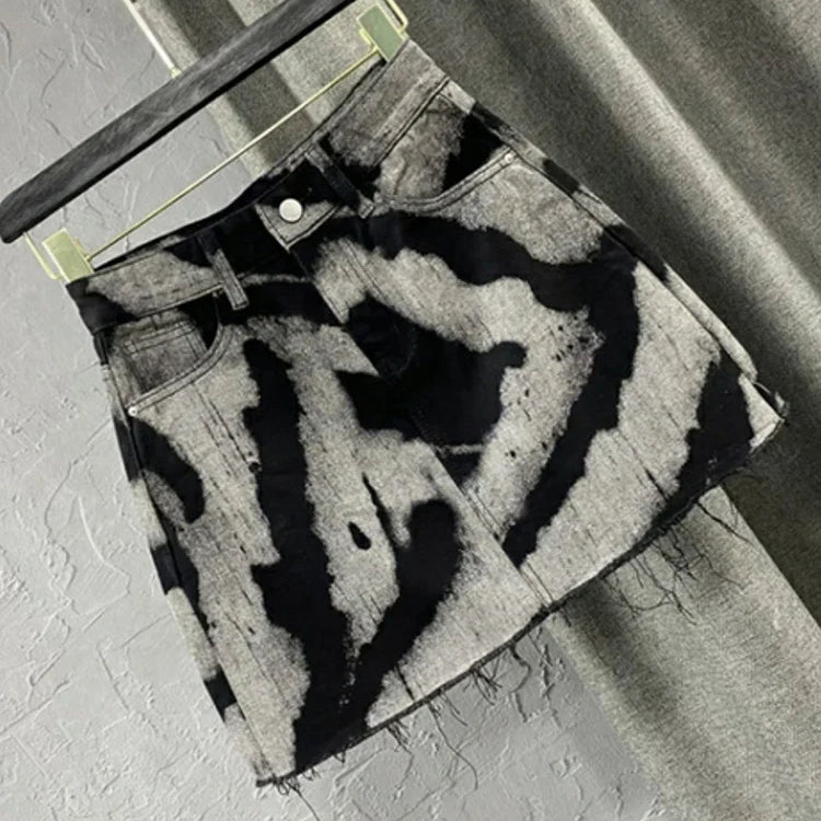 DEAT Women's Denim Skirt Contrast Color Stripes Print Burrs High Waist Short Mini Skirts Summer New Fashion 11XX1648