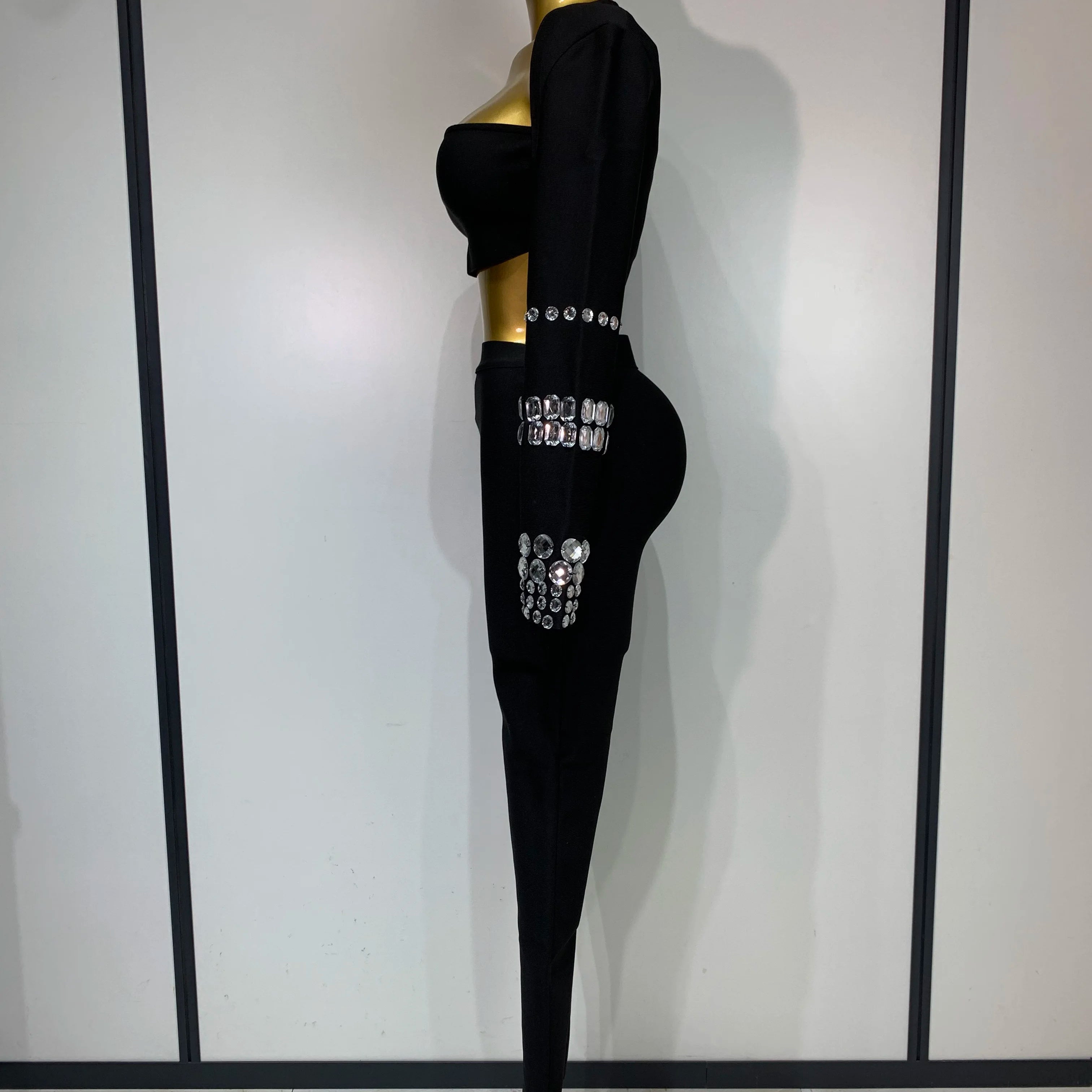 Women Celebrity Sexy Long Sleeve Beading Black Bodycon Bandage Three Piece Set Elegant Evening Club Party Birthday Outfits