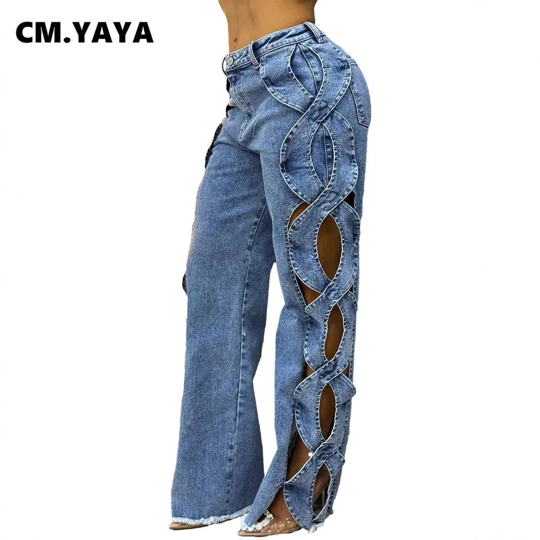 Women Streetwear Cutout Hollow Out Criss Cross Side Wide Leg Blue Denim Pants 2025 Fashion Sexy Party Jeans Trousers