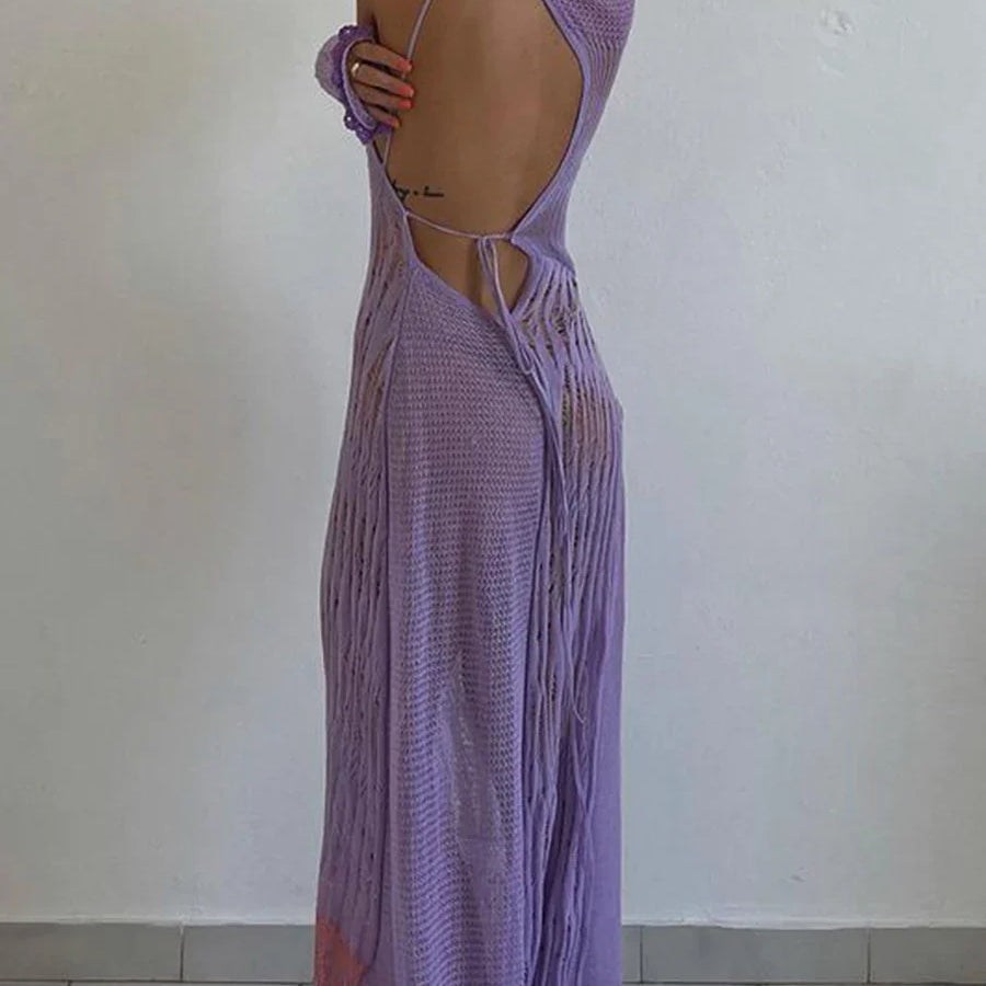 Women Sexy Y2k One Shoulder Long Sleeve Crochet Knit Long Dress Summer Beach See Through Party Grunge Club Cover Up Outfits