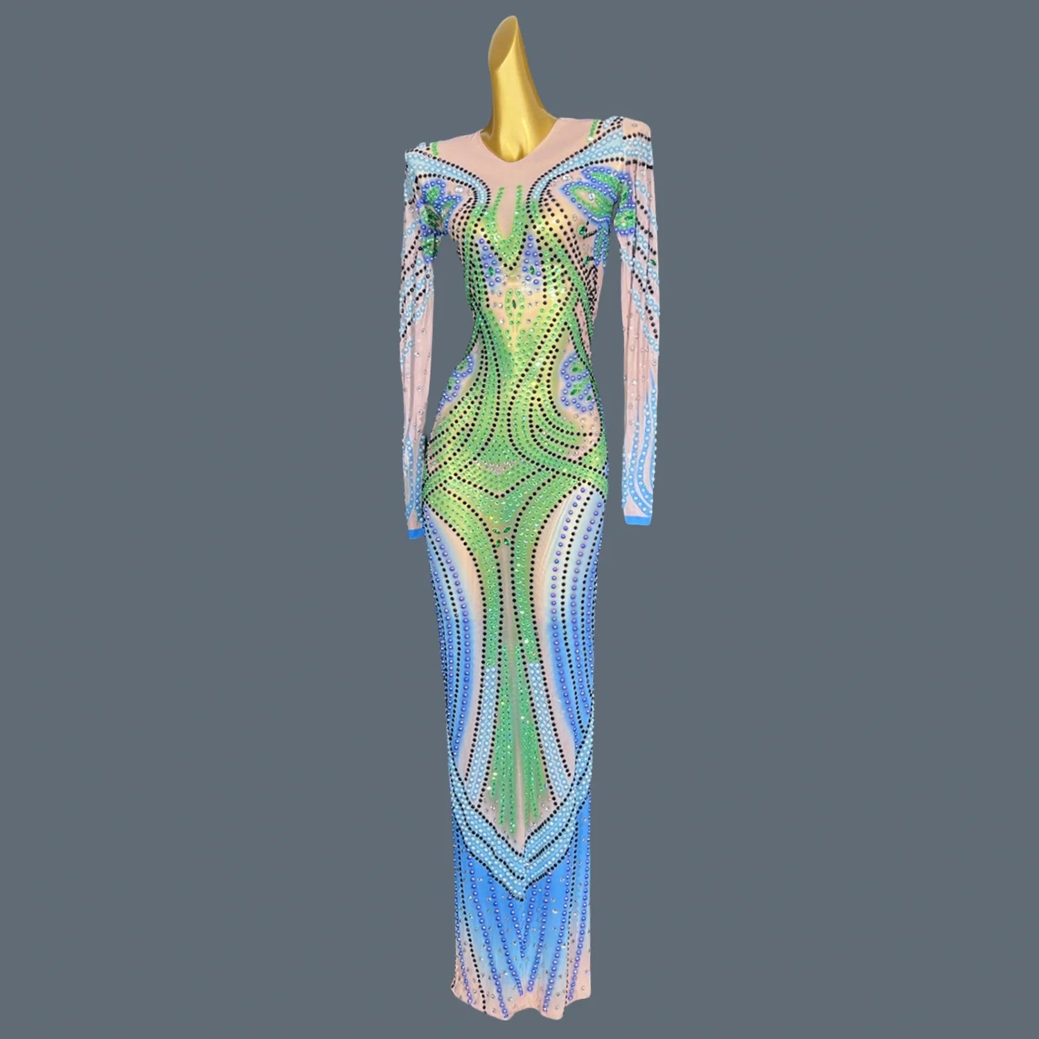 Sexy Sheer Mesh Maxi Dress Nightclub Sparkly Fancy Rhinestone Dress Cocktail Bodycon Luxury Evening Dress For Elegant Woman zuma green