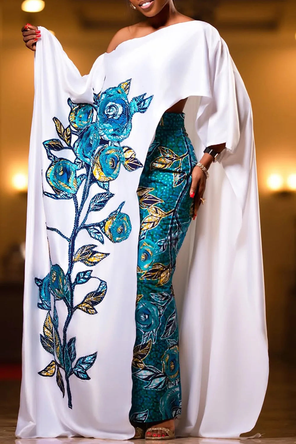 Plus Size Formal White Elegant Floral Oblique Collar 3/4 Sleeve Split Two Piece Skirt Sets