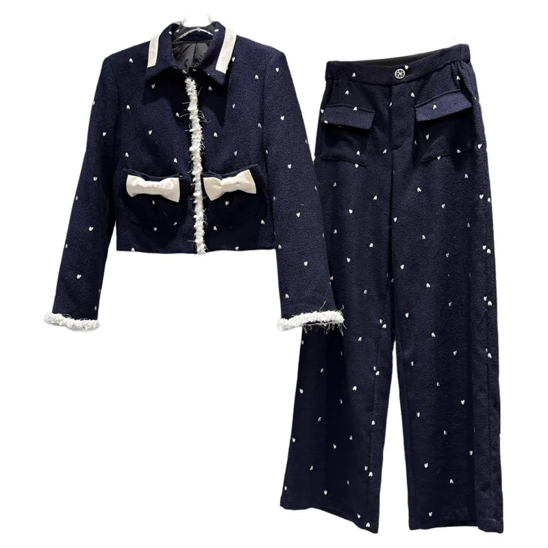 Winter New Fashion Heart Embroidery Woolen Quilted Jacket High Waist Straight Pants Women's Two-pieces Set 11A07556
