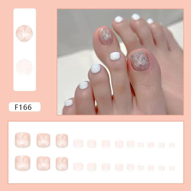 24pcs Summer Color False Toenails Purple Pink Sweet Korean Fake Toe Nails Wearable Detachable Square Head Press on Toenails 2