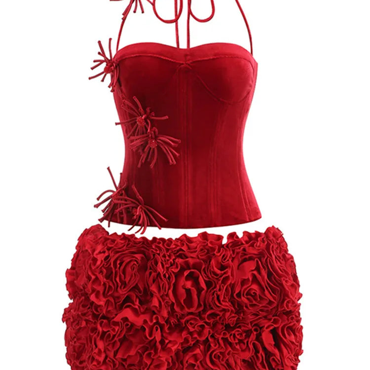 Women Sexy Halter Backless Lacing Flower Black Mini Two Pieces Skirt Bandage Set 2025 Celebrity Designer Fashion Women's Set Red