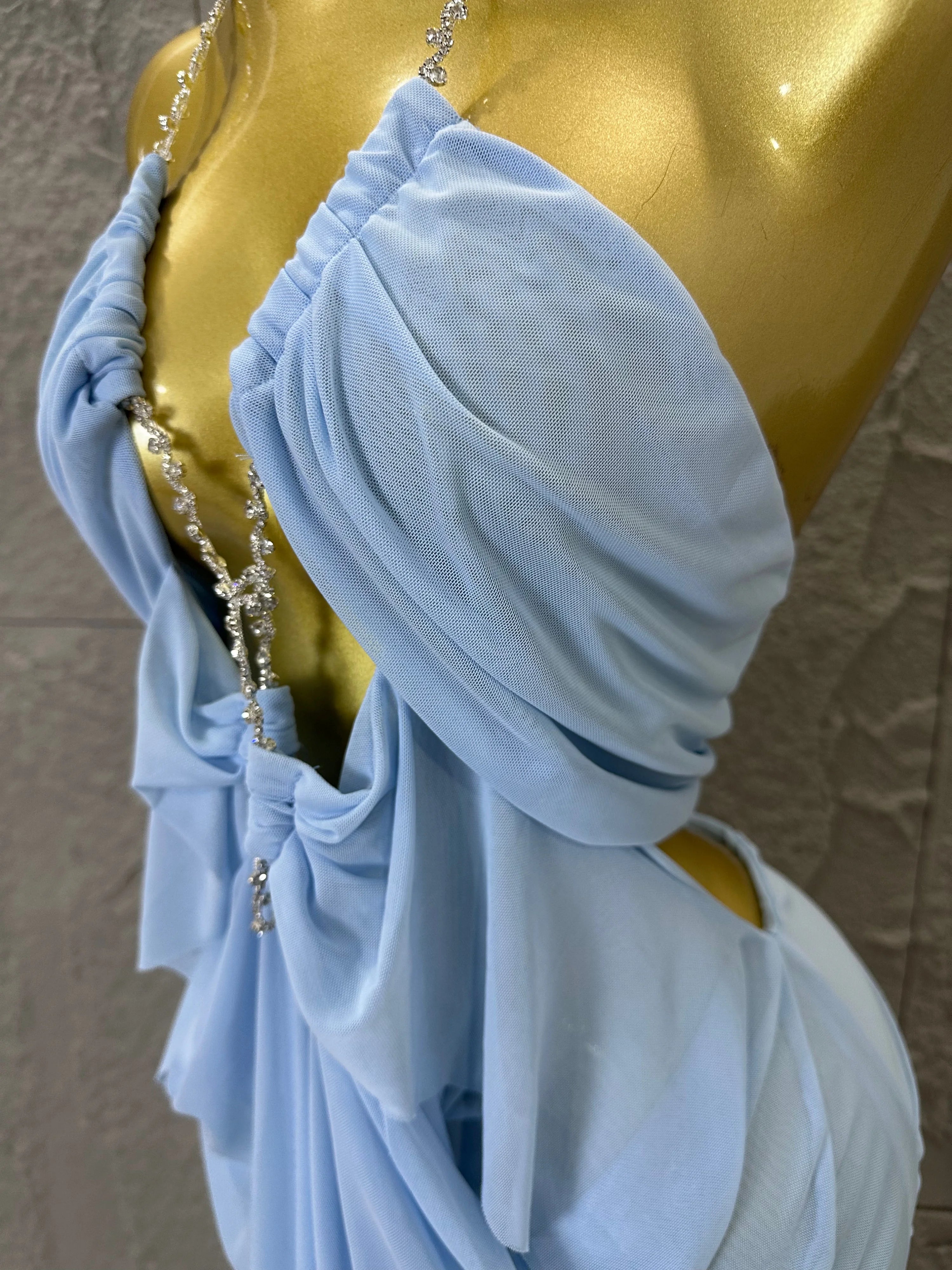 Sexy Halter Neck Maxi Dress Crystal Chain Cutout Ruched Women Sheer Mesh Form Outfit Glamorous Evening Gala Party Costume