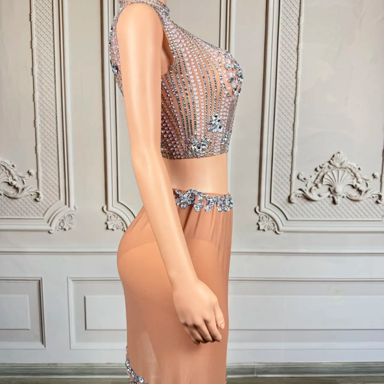 Sparkly Rhinestone Crop Tops Mini Skirt 2Pieces Set Festival Party Mesh Outfit Side Slits Bodysuit Event Dance Sexy Wear Luzhu