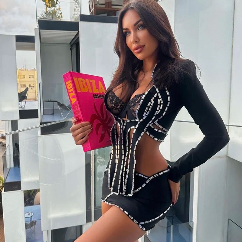 Black Color Women Long Sleeve Sexy Shinning Crystal Bandage Tops 2 Pieces Bodycon Mini Dress Nightclub Party Outfit