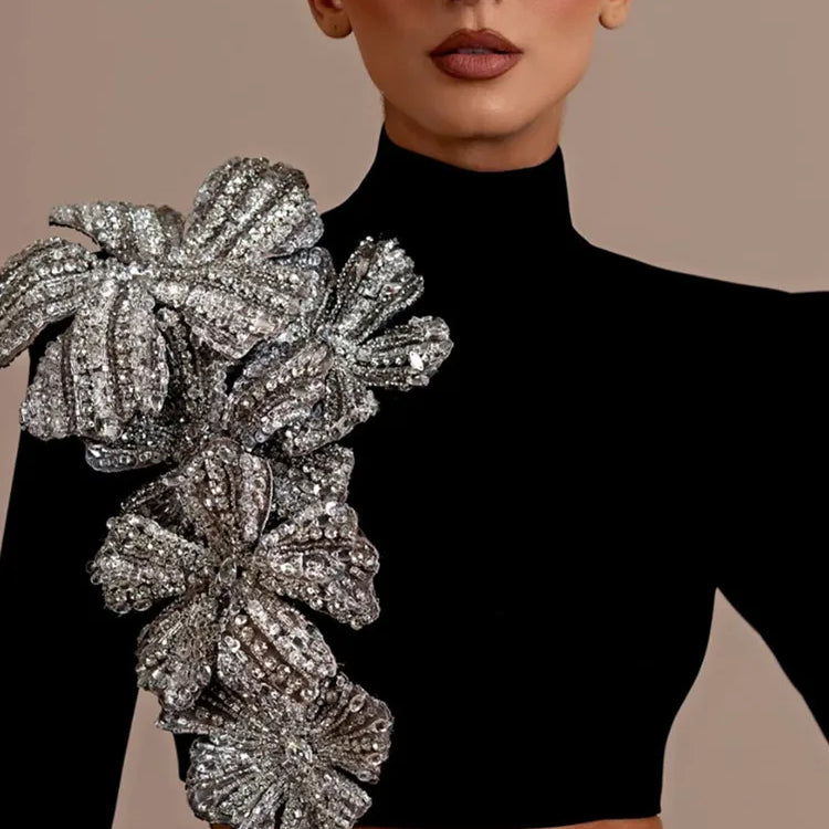 Women Sexy Long Sleeve Flower Diamonds Black Mini Two Pieces Skirt Bandage Set 2025 Celebrity Designer Fashion Women's Set