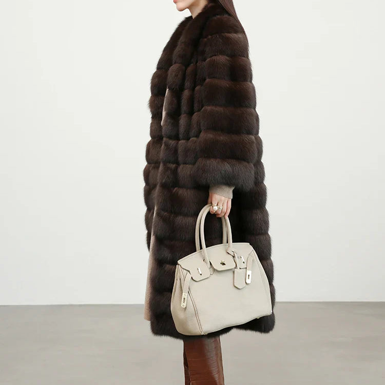 Autumn Winter Elegant Luxury Chic Long Thick Warm Faux Sable Fur Coat Women Shawl Collar Fluffy Overcoat