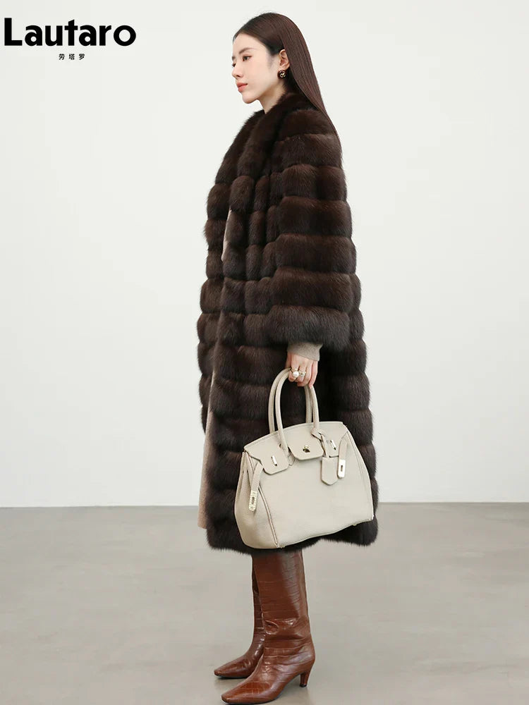 Autumn Winter Elegant Luxury Chic Long Thick Warm Faux Sable Fur Coat Women Shawl Collar Fluffy Overcoat