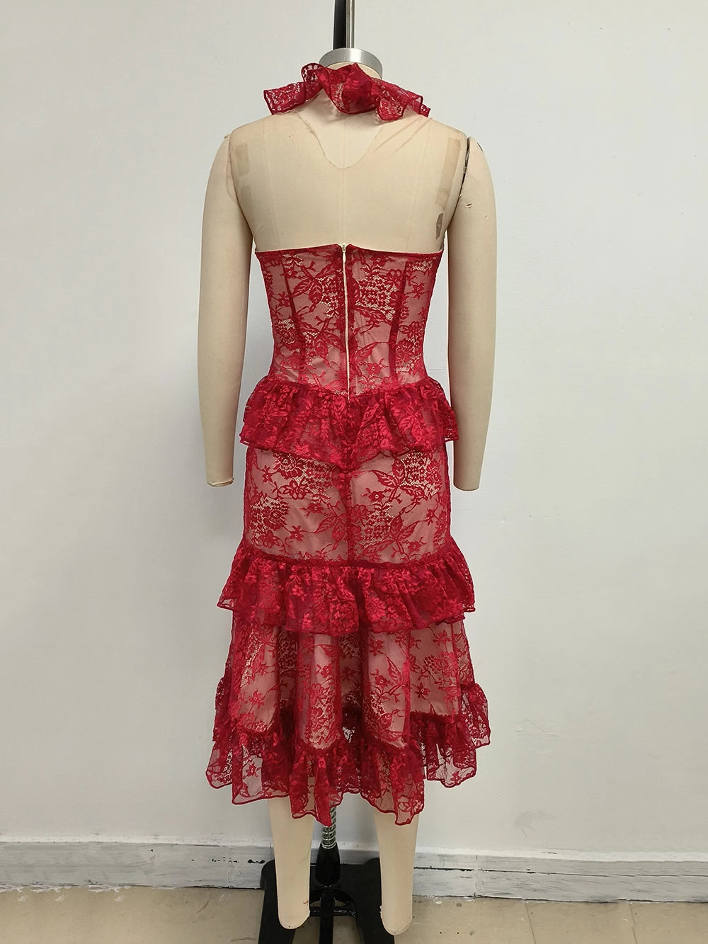 Sexy Lace Midi Halter Dress Women Red Ruffle Backless Sleeveless Party Dresses 2025 Summer Lady Vacation Robes New