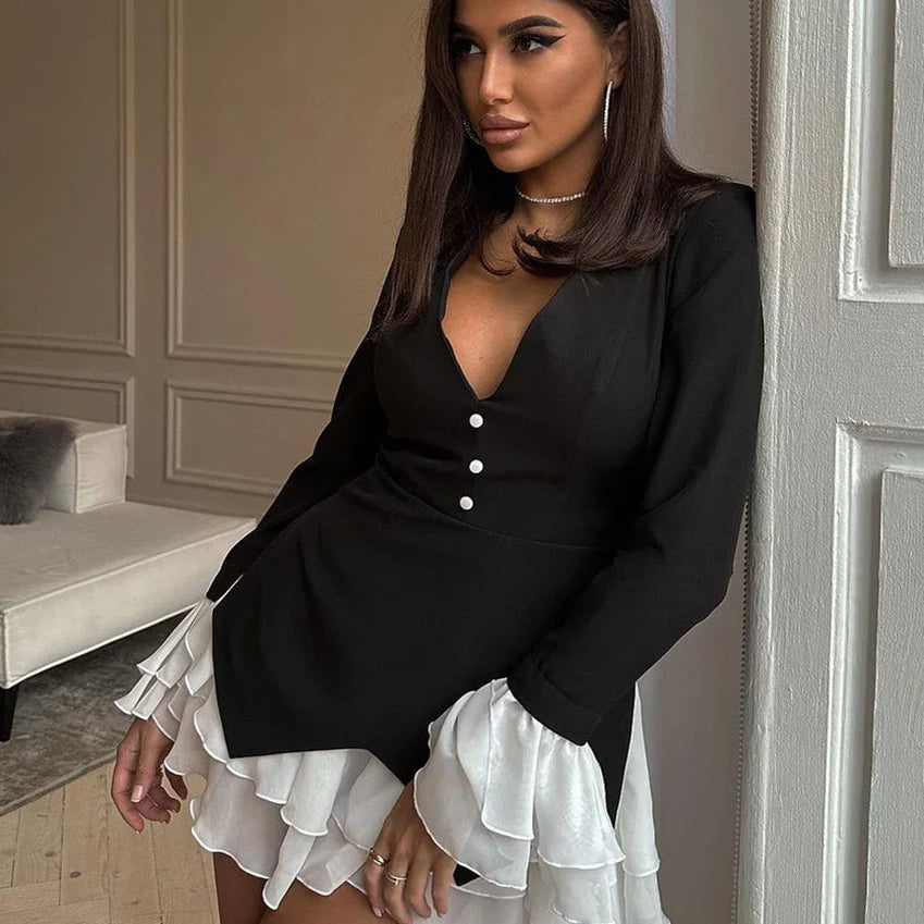 Clacive Sexy Slim Black Women'S Dress Bodycon V-Neck Long Sleeve Mini Dresses Elegant Patchwork Ruffle Female Dress Robe