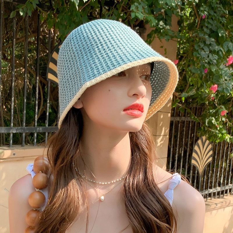 Summer Bicolor Knit Bucket Hat For Woman 2024 Trendy Black Bucket Hat Sun Caps Fashion Trend Charm Y2k Young Girl Kpop Gift Girl 7 55-59 cm