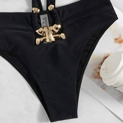 Sexy Black Bandage Bikini High Cut Tied Hollow Thong - Push Up Swimwear Biquinis Beach Bathing Suit