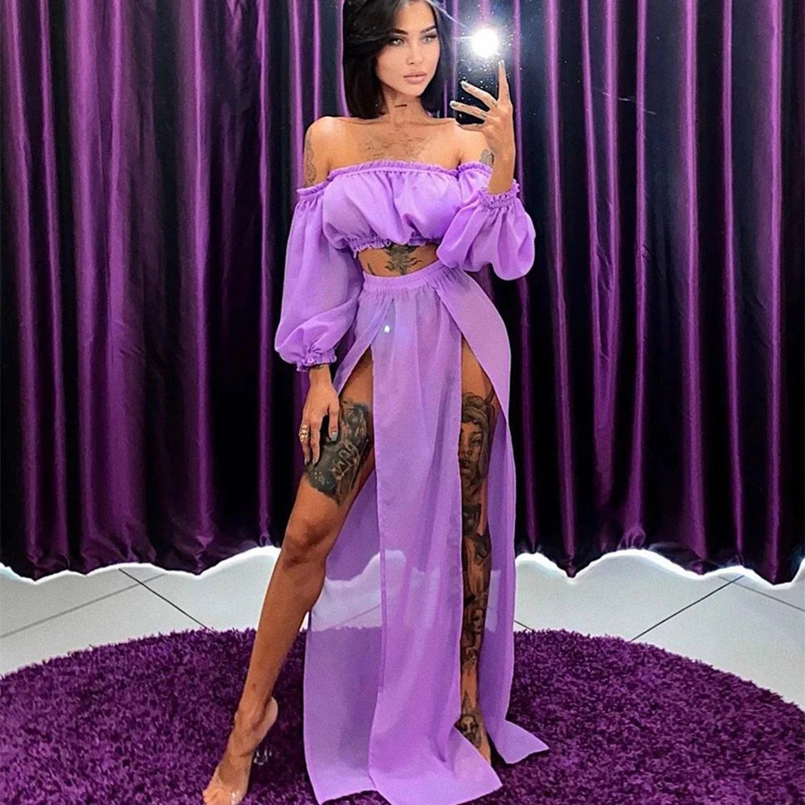 2023 Sexy Mesh Sheer Bikini Beach Cover-up Women Swimsuit Bathing Suit Summer Beachwear Swimwear Beach Dress Tunic Robe PURPLE One Size
