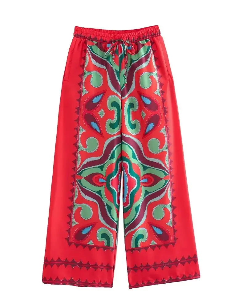 BlingBlingee Summer Printed Women Wide Pants Satin Suits Traf Asymmetric Sleeveless Strapless Crop Top Female Sets Y2K Only Pants 1