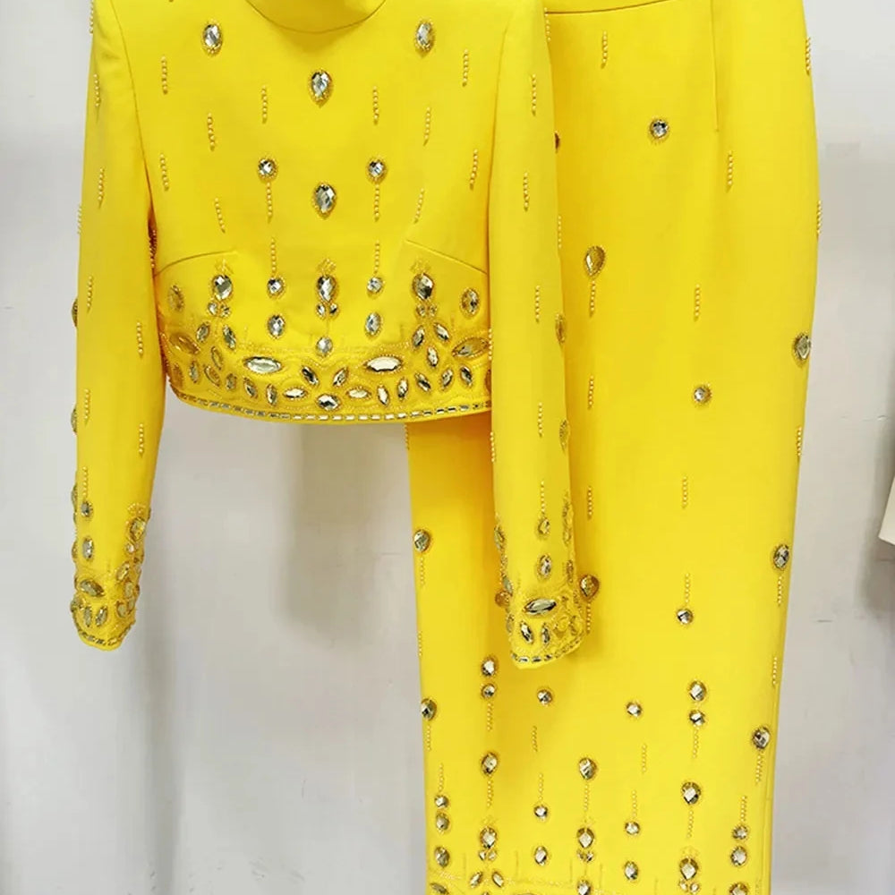 2024 Heavy Industry Nail Bead Inlaid Diamond Short Skirt Set O-neck Long Sleeve Slim Fit Short Top+Nail Bead Skirt Two Piece Set Yellow long style