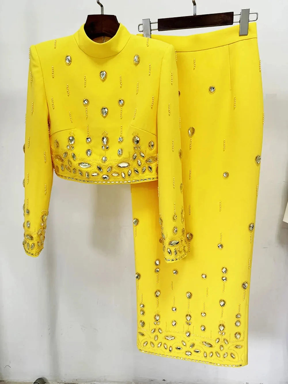 2024 Heavy Industry Nail Bead Inlaid Diamond Short Skirt Set O-neck Long Sleeve Slim Fit Short Top+Nail Bead Skirt Two Piece Set Yellow long style