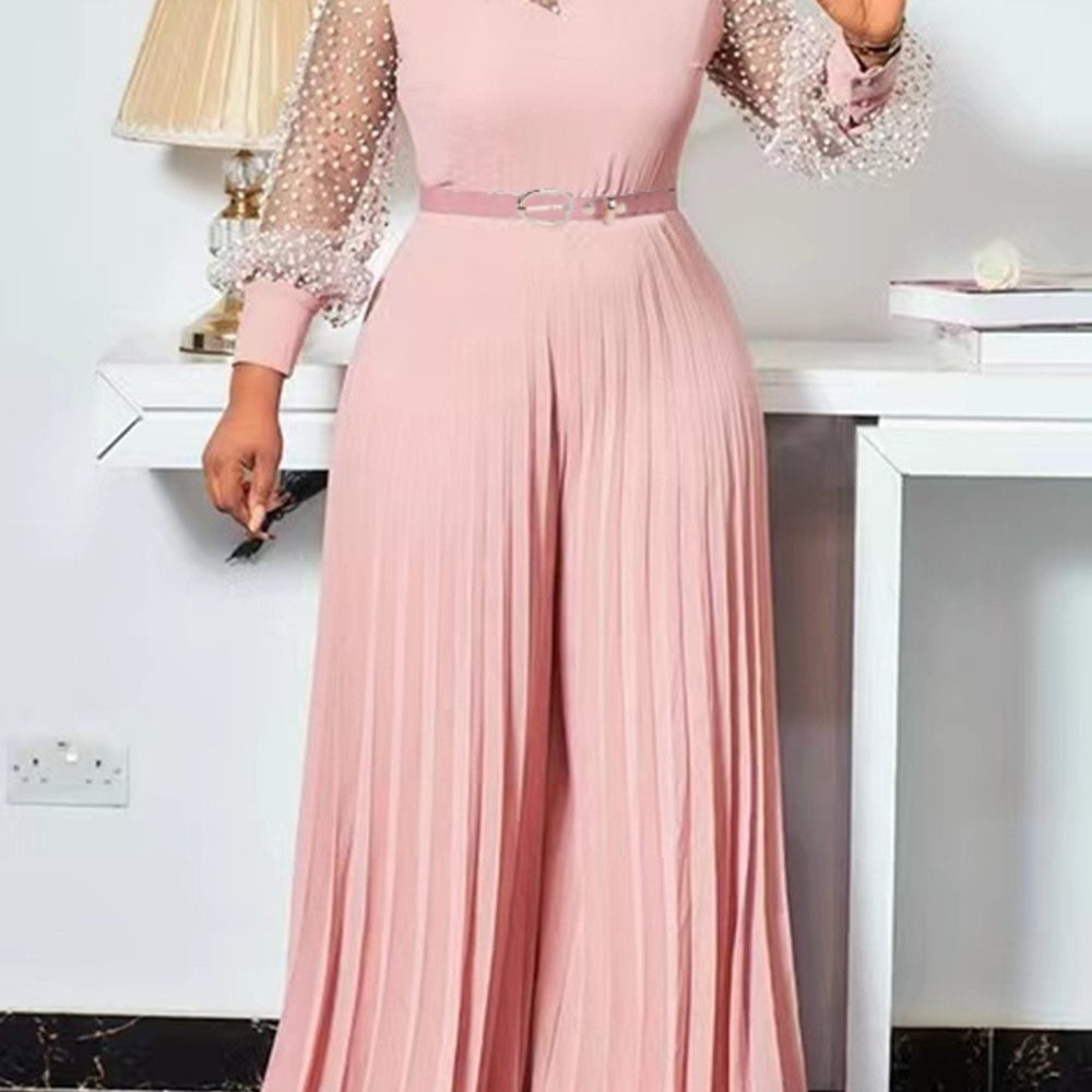 S-5xl Fall Outfits Women Pink Fashion Plus Size Jumpsuit Slim Pleated Long Sleeve Rompers Elegant Clothes Wholesale Dropshipping