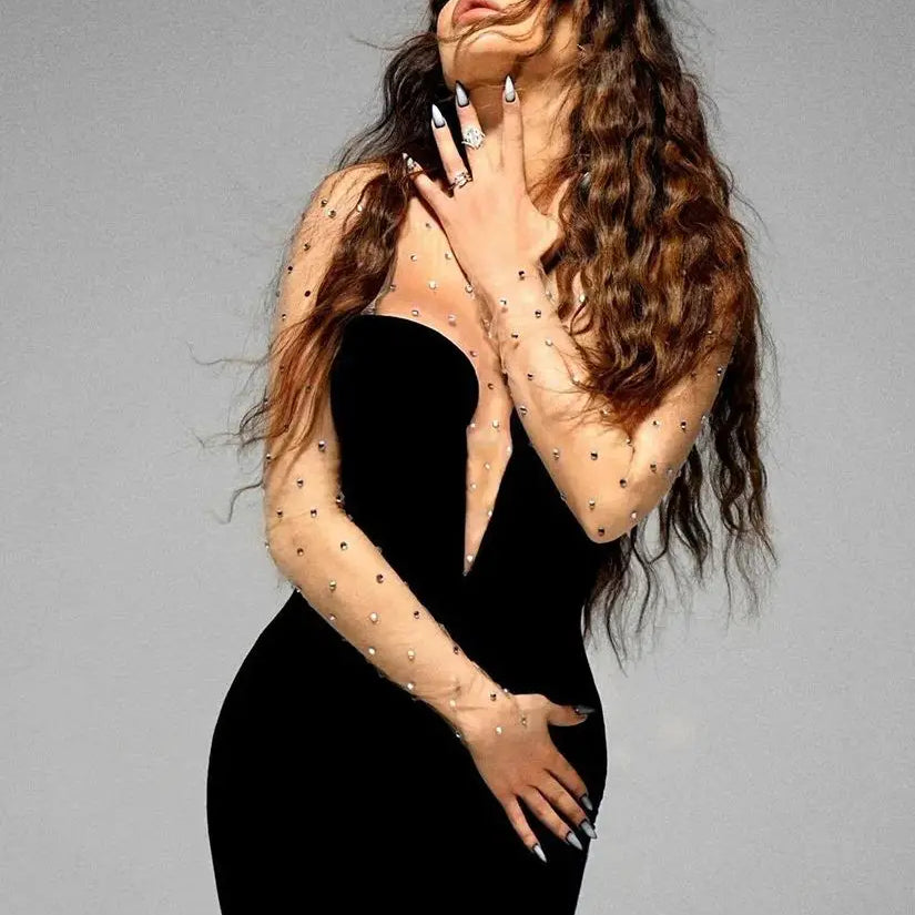 Ailigou New Women's Formal Evening Dress Wearing Sexy Mesh Long sleeved Patch Black Velvet Beaded Evening Dress