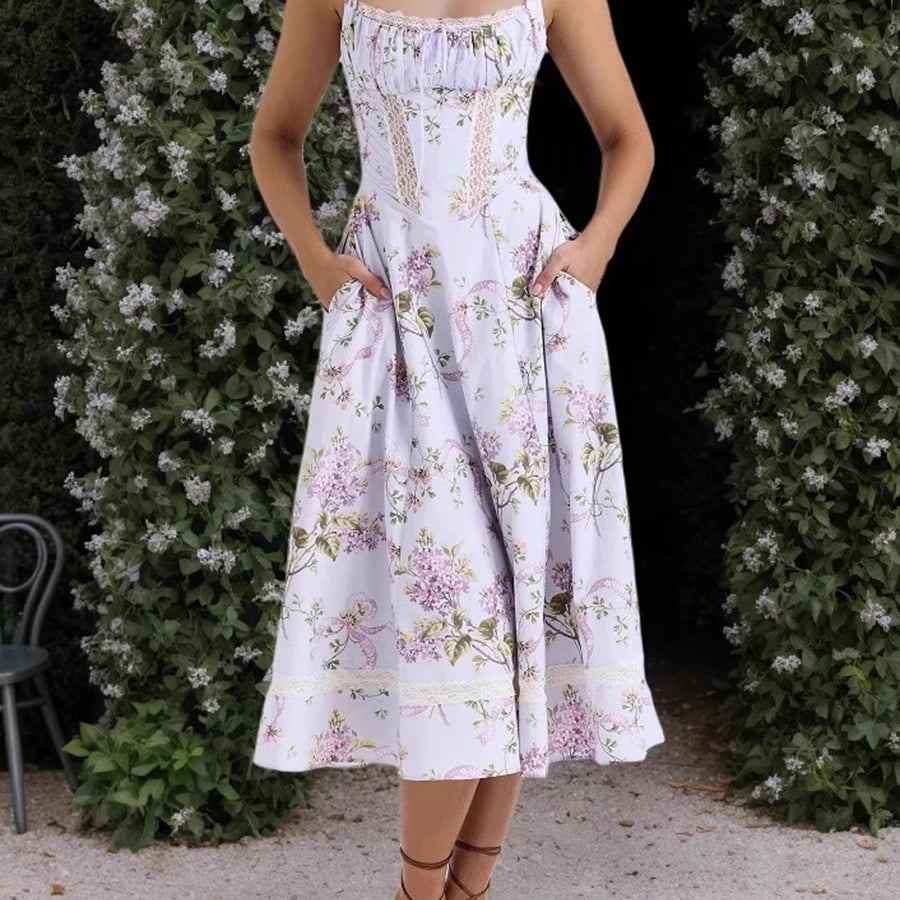 Printing Hollow Out Spliced Lace Elegant Dresses for Women Square Neck Sleeveless Patchwork Pockets Dress Female