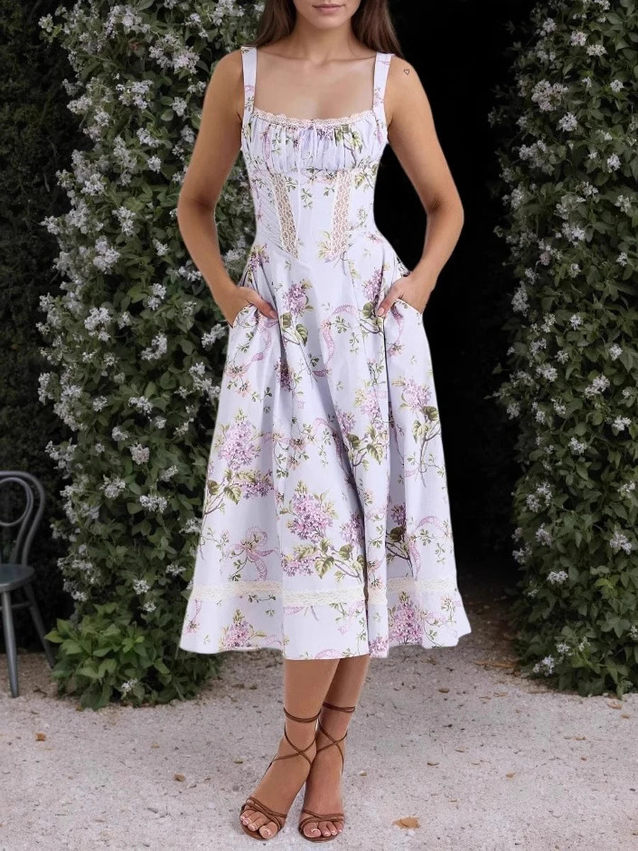 Printing Hollow Out Spliced Lace Elegant Dresses for Women Square Neck Sleeveless Patchwork Pockets Dress Female