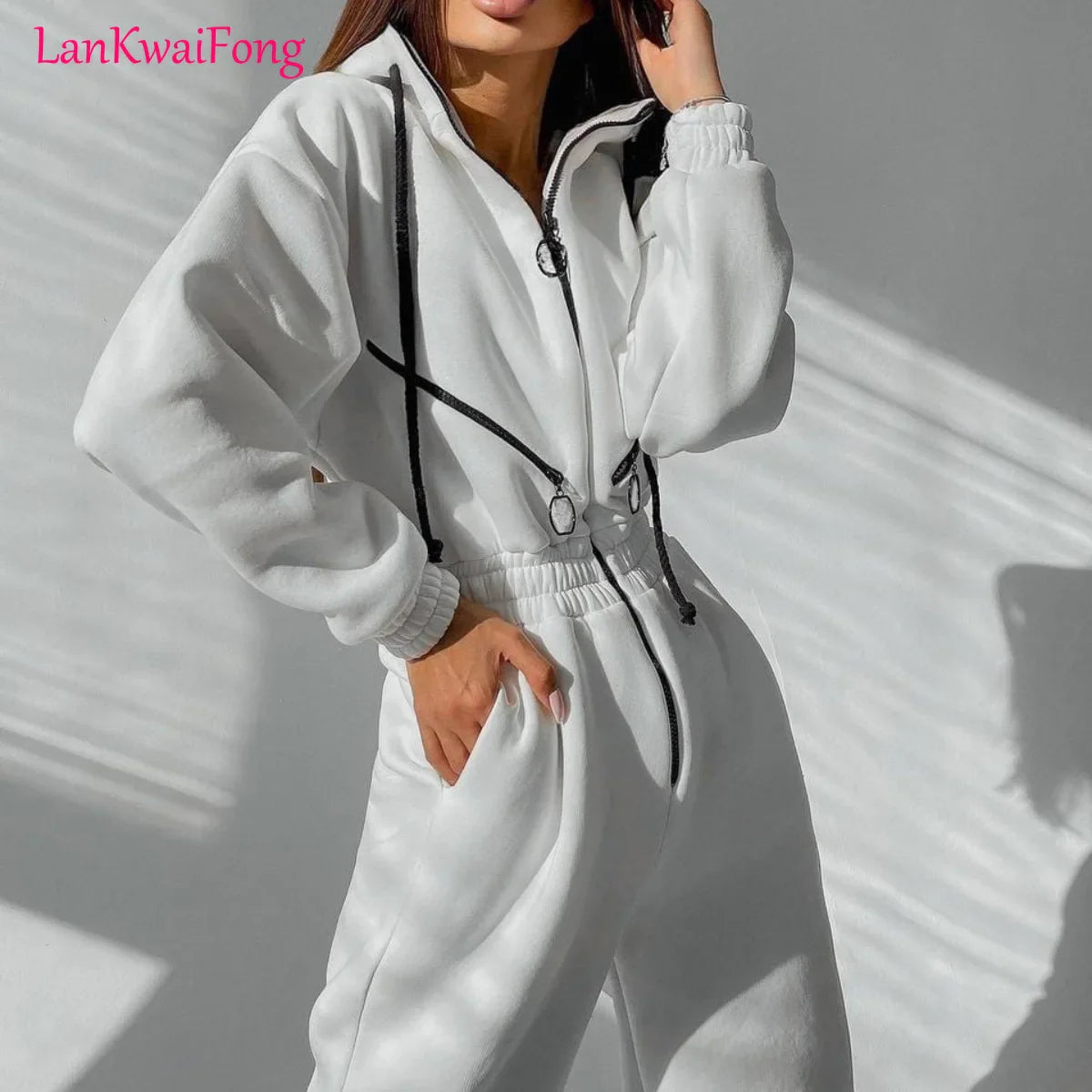 LKF New Sports and Casual Women's Jumpsuit Hooded Zipper Cardigan Solid Color Street Trendy Jumpsuit Wholesale