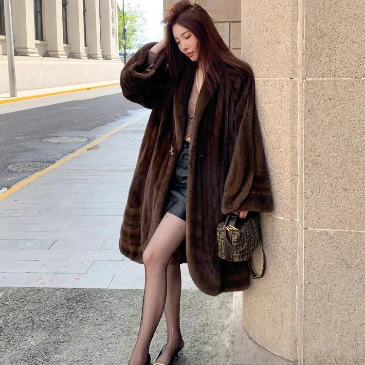 Lautaro Winter Long Luxury Elegant Stylish Thick Warm Fluffy Soft Brown Faux Mink Fur Coat Women Shawl Collar Furry Overcoat