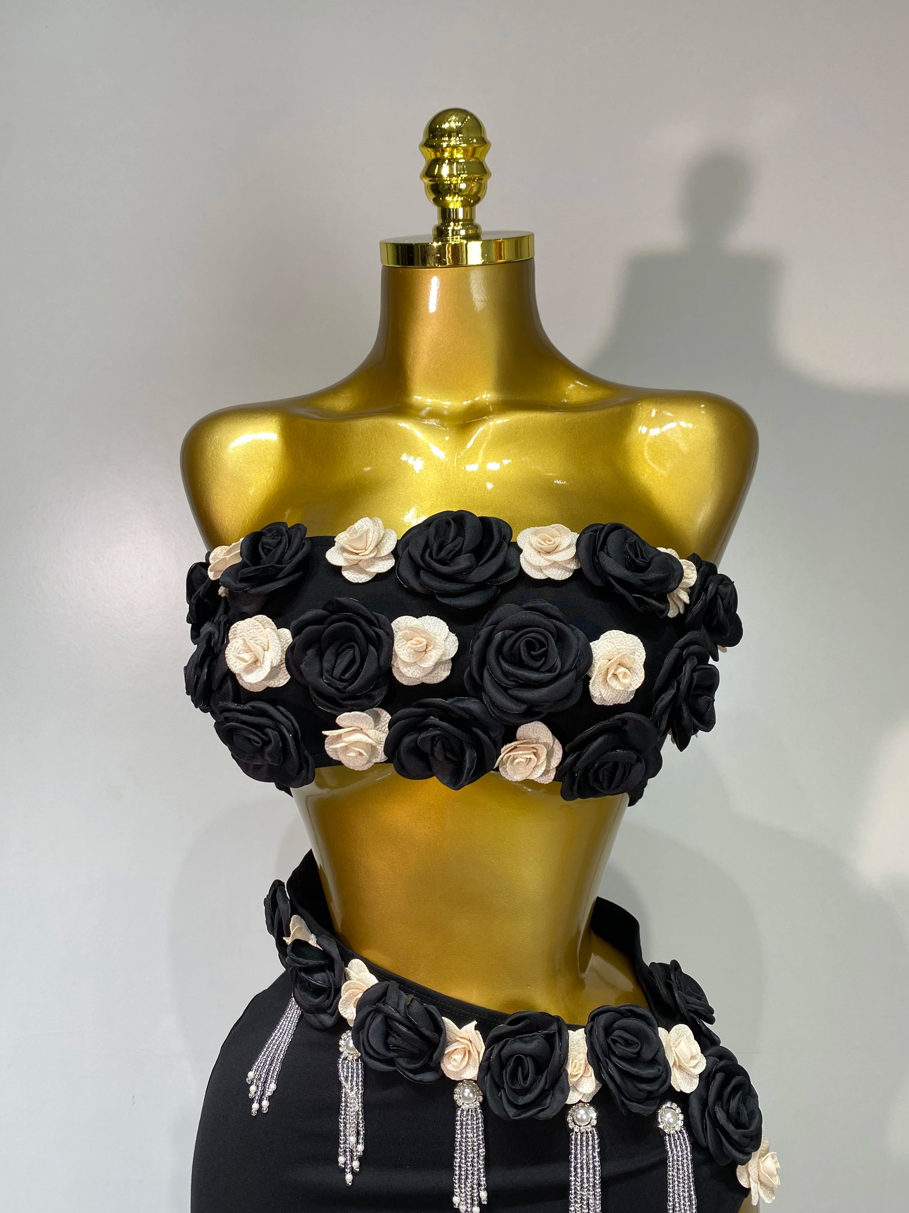 Women Sexy Flower Strapless Top High Slit Long Skirt Elegant Evening Party Two Piece Set Luxury Birthday Club Gown