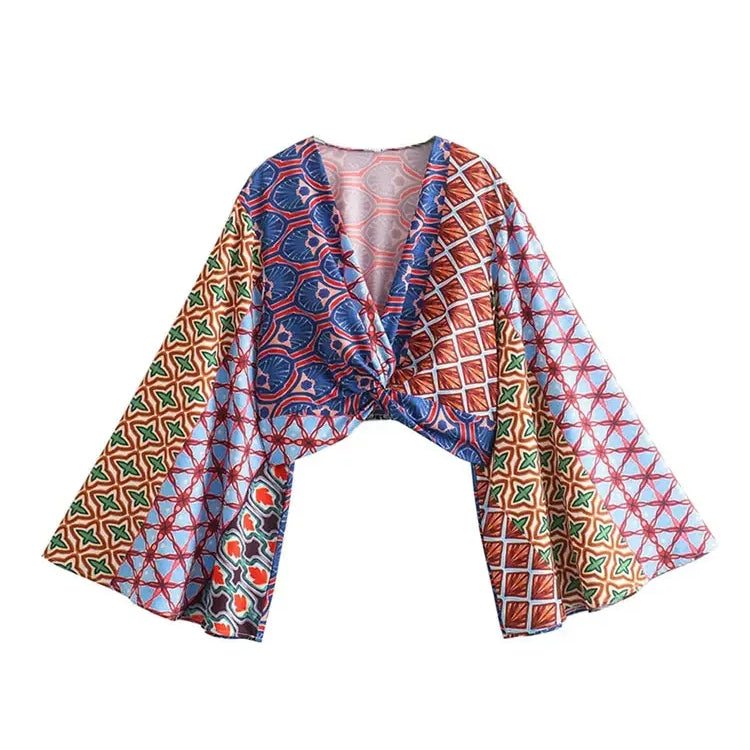 Fashion Vintage Print Long Flare Sleeve Top Wide Leg Pants Suit Elegant Women V Neck Crop Tops Elastic Waist Trousers Set Outfit Top