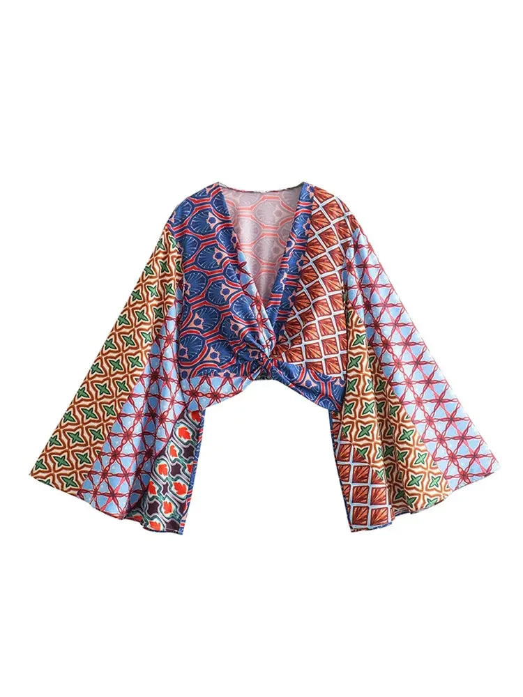 Fashion Vintage Print Long Flare Sleeve Top Wide Leg Pants Suit Elegant Women V Neck Crop Tops Elastic Waist Trousers Set Outfit Top