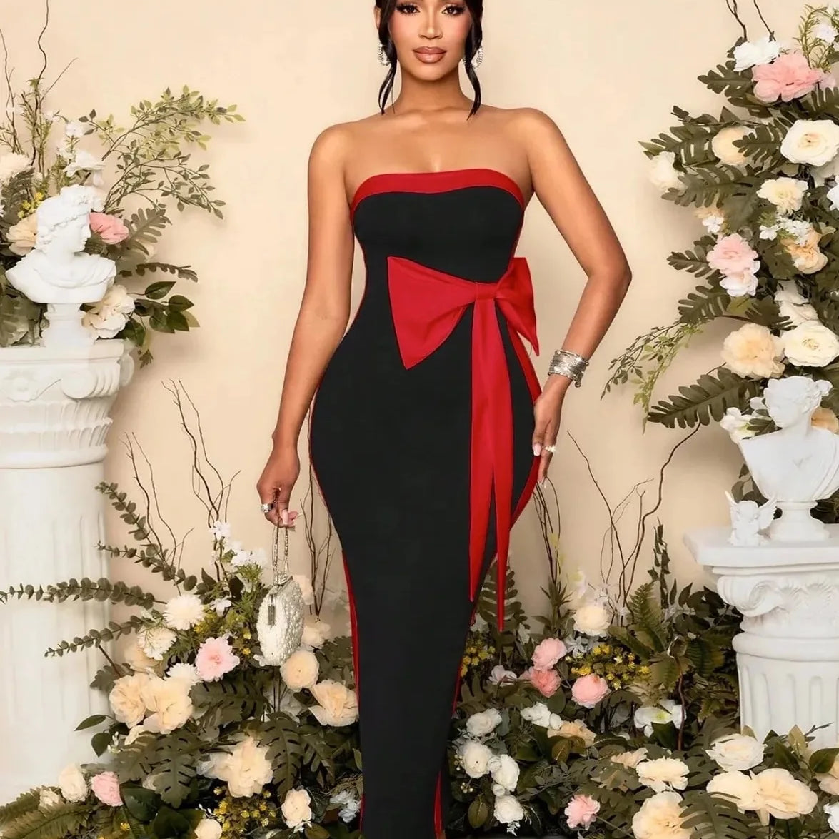 High Women Sexy Strapless Off the Shoulder Bow Bodycon Long Bandage Dress Nightclub Party Celebrate Birthday Outfit Red