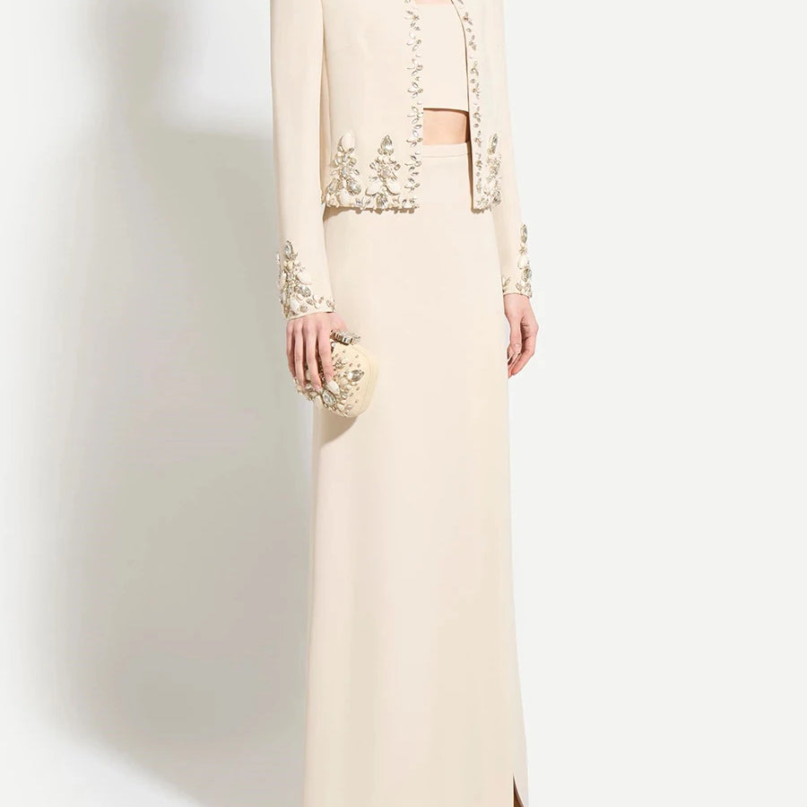 Solid Slimming Two Piece Sets for Women Round Neck Long Sleeves Patchwork Bead Top High Waist Split Skirt Female