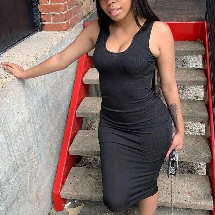 Sifreyr Ribbed V Neck Tank Long Dress Women Solid Sleeveless Bodycon Maxi Dress Sexy Streetwear Party Club Outfits Slim Sundress