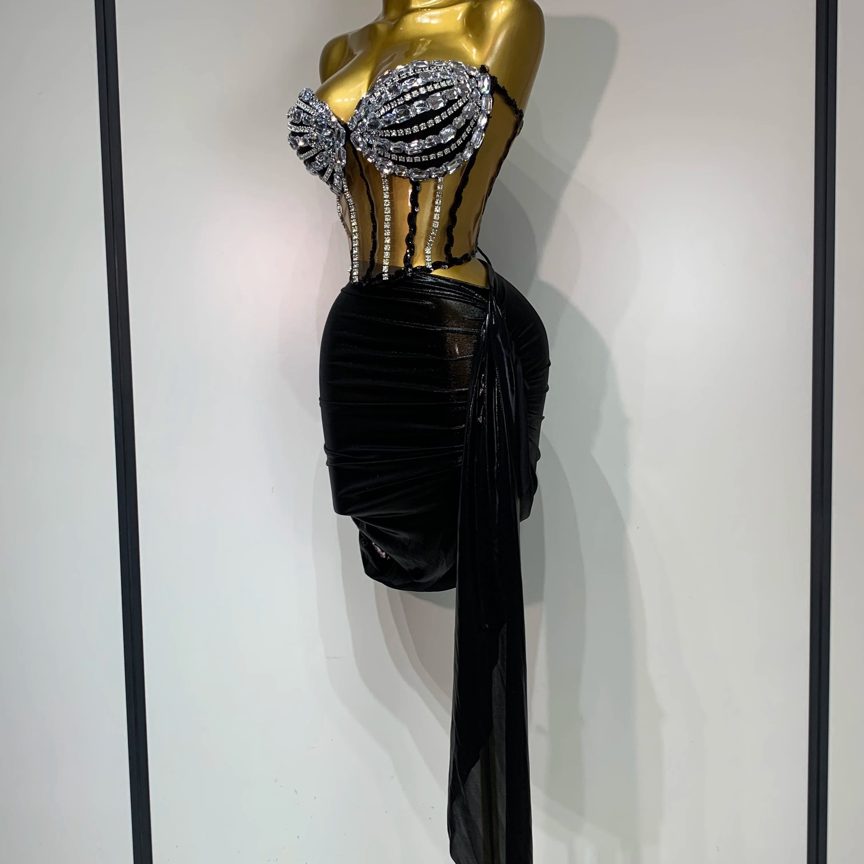 Sexy Two Pieces Top Skirt Sets Sparkly Diamonds See Through Stage Outfit Designer Performance Party Nightclub Birthday Dress