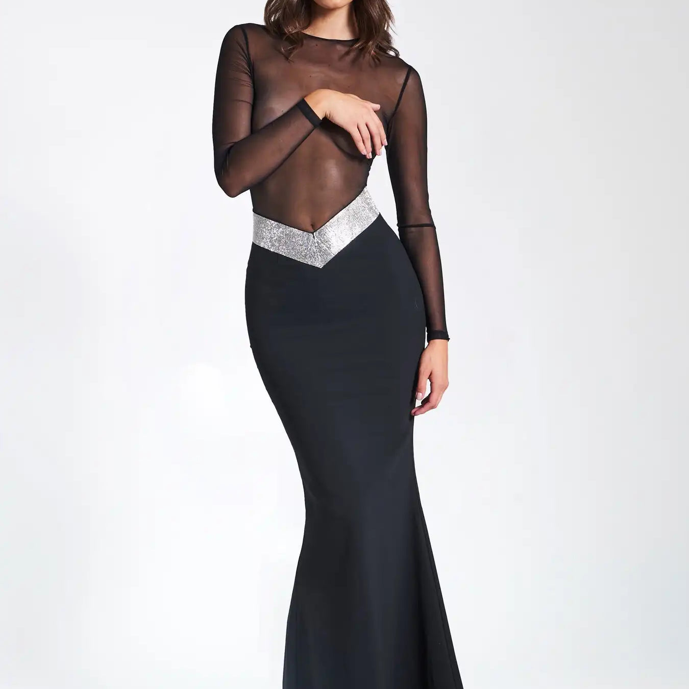 2023 Women Long Sleeve Sexy Mesh See Through Bodycon Bandage Mermaid Dress Nightclub Party Celebrate Dress black