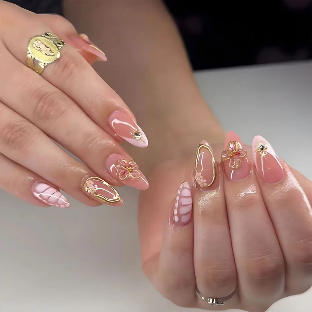 24pcs/set Medium fake nails for women girls 3D embossed flowers fruit shell rhinestones design Almond tips press on false nail 2745